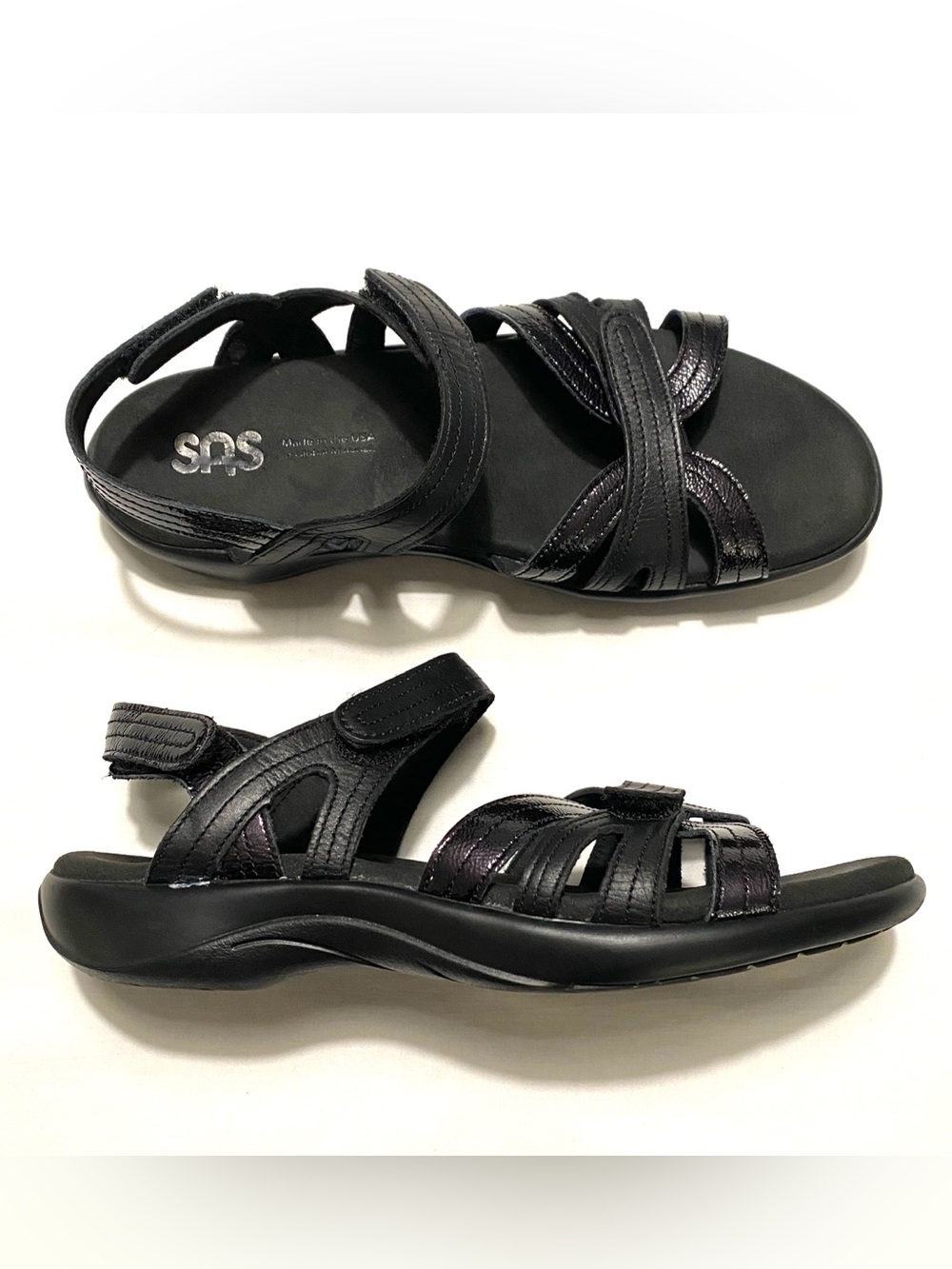 SAS Pier Sandals Black Leather Comfort Adjustable Hook Loop Straps Women’s 9M